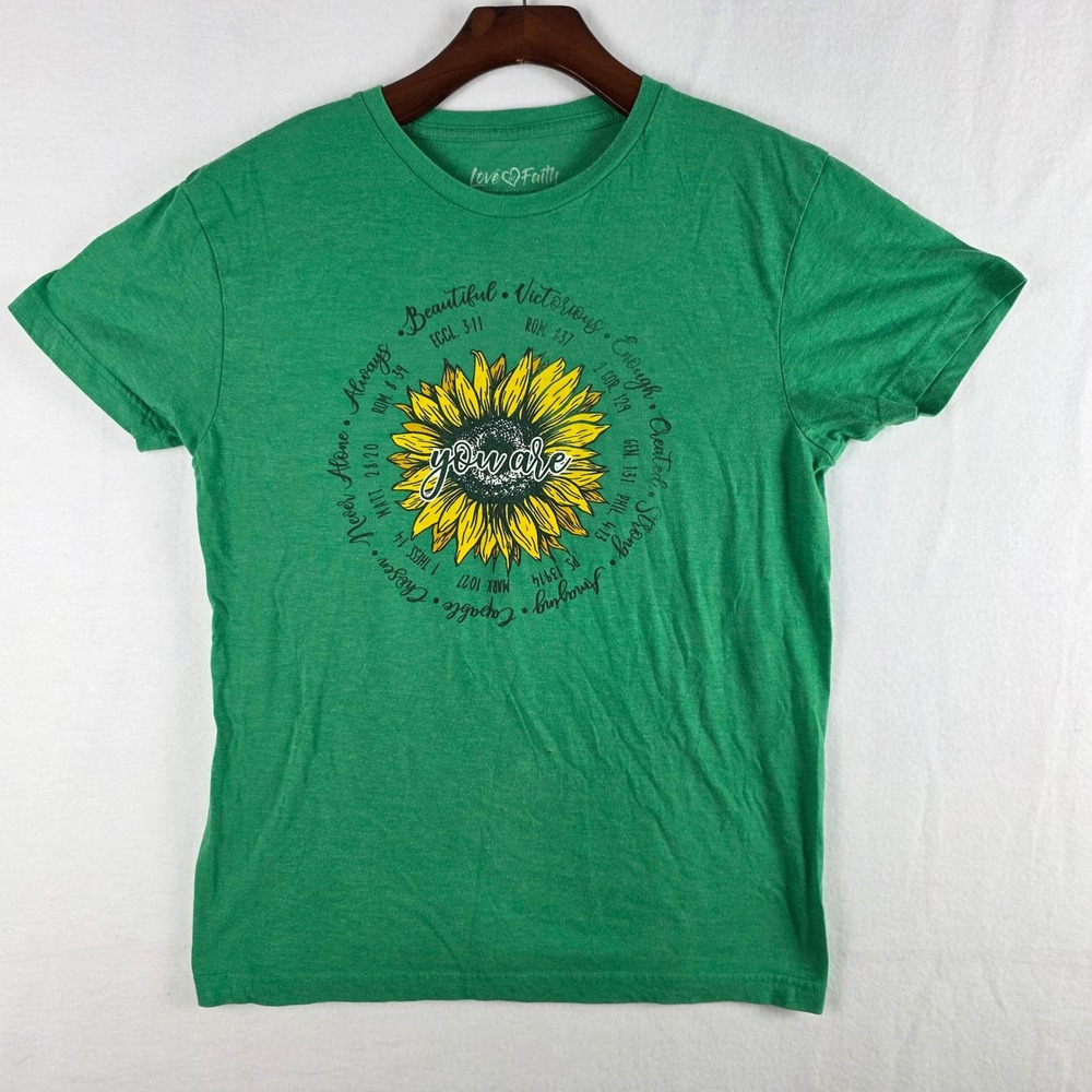 Love in Faith Women's Green Sunflower Christian Scripture Graphic Tee Size M
